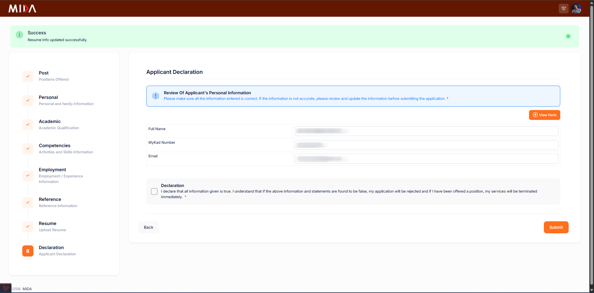 Applicant Declaration screenshot