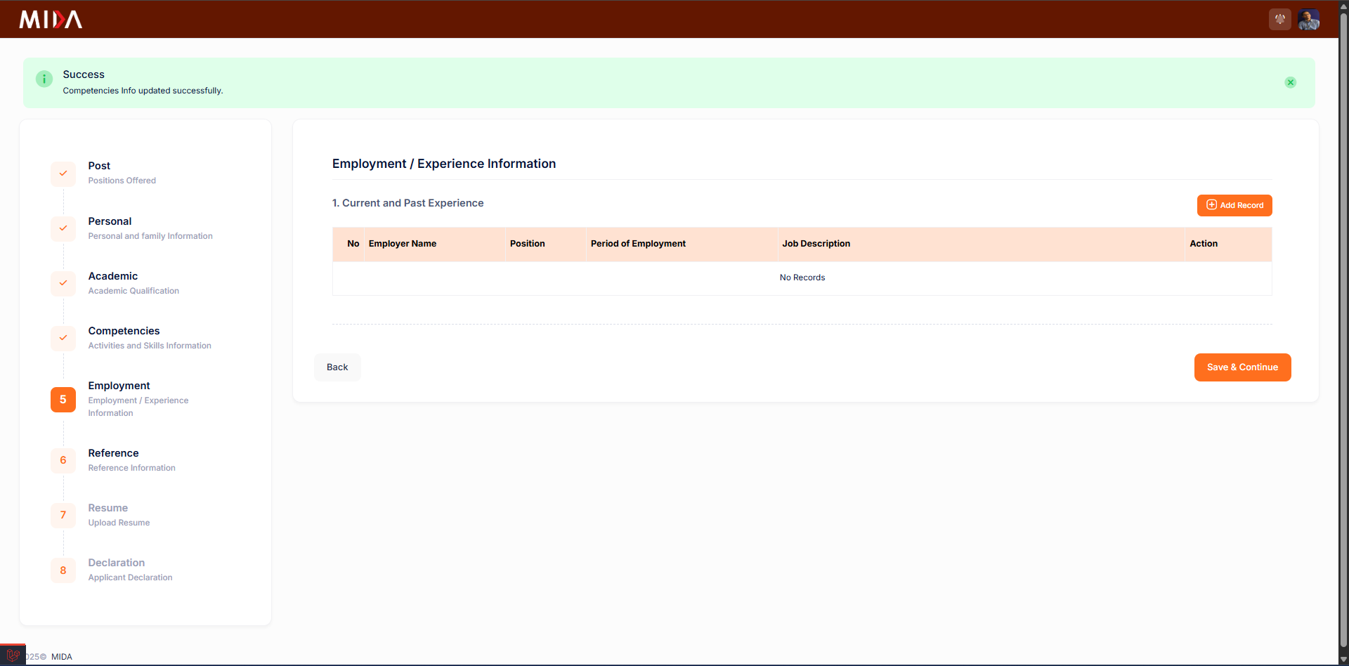 Employment History screenshot